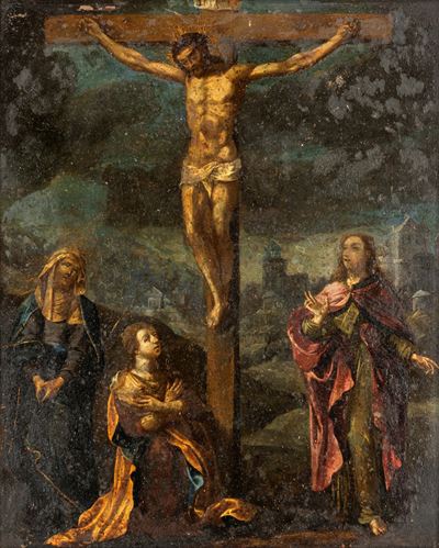 Crocifissione con la Vergine, San Giovanni e la Maddalena, olio su rame