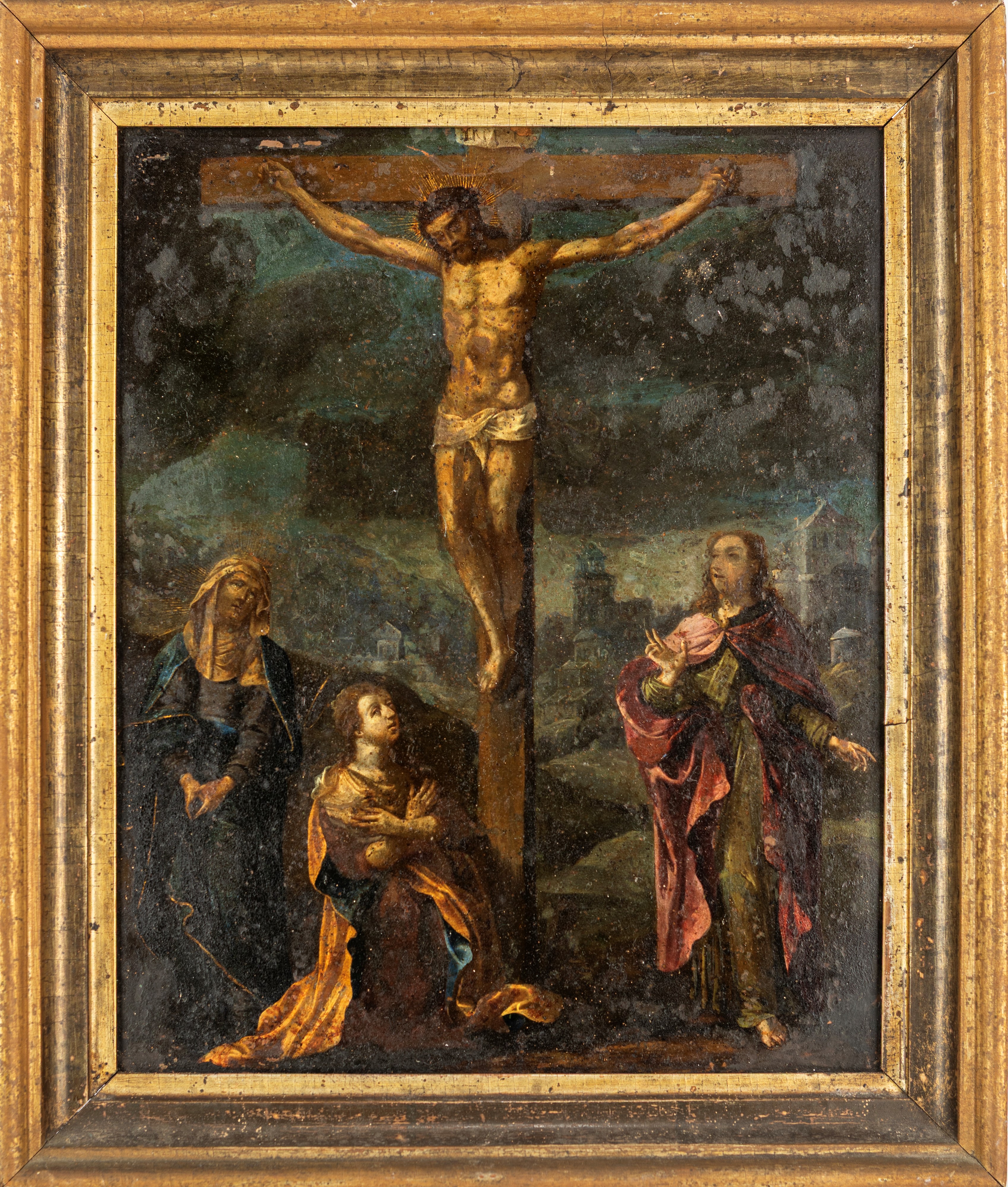 Pittore del XVIII Secolo - Crocifissione con la Vergine, San Giovanni e la Maddalena, olio su ram...
