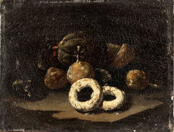 Pittore Napoletano del XVIII secolo - Natura morta con frutta e ciambelle