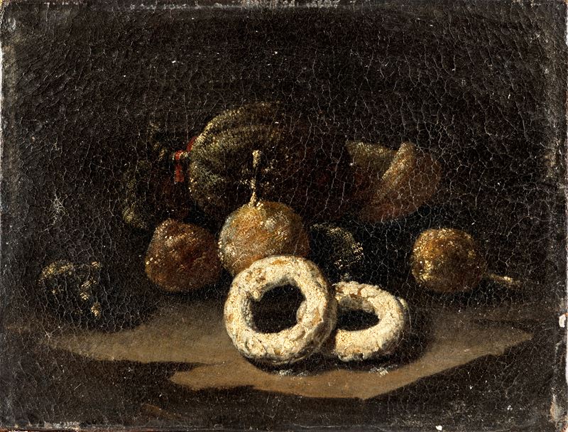Pittore Napoletano del XVIII Secolo - Natura morta con frutta e ciambelle, olio su tela