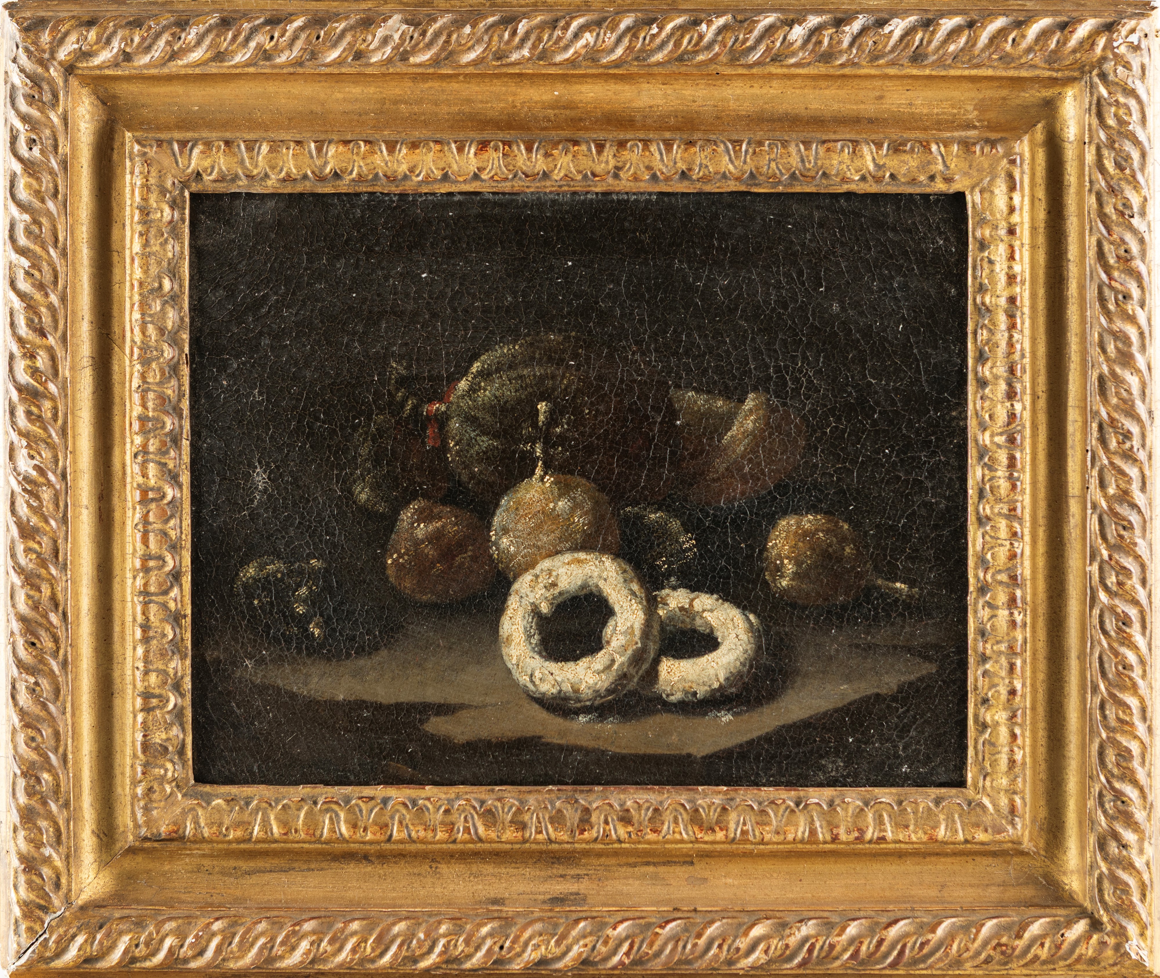Pittore Napoletano del XVIII Secolo - Natura morta con frutta e ciambelle, olio su tela