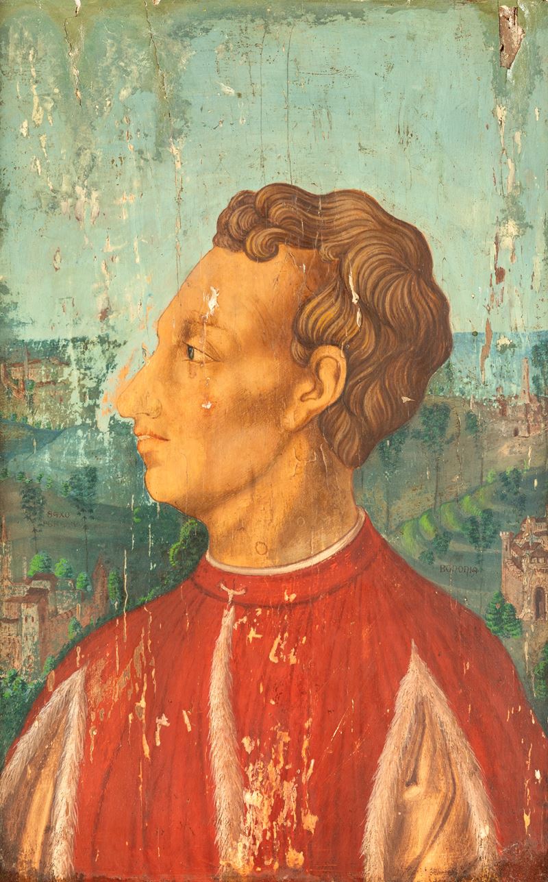 Pittore Bolognese XVI Secolo - Ritratto di personaggio illustre, tempera su tavola