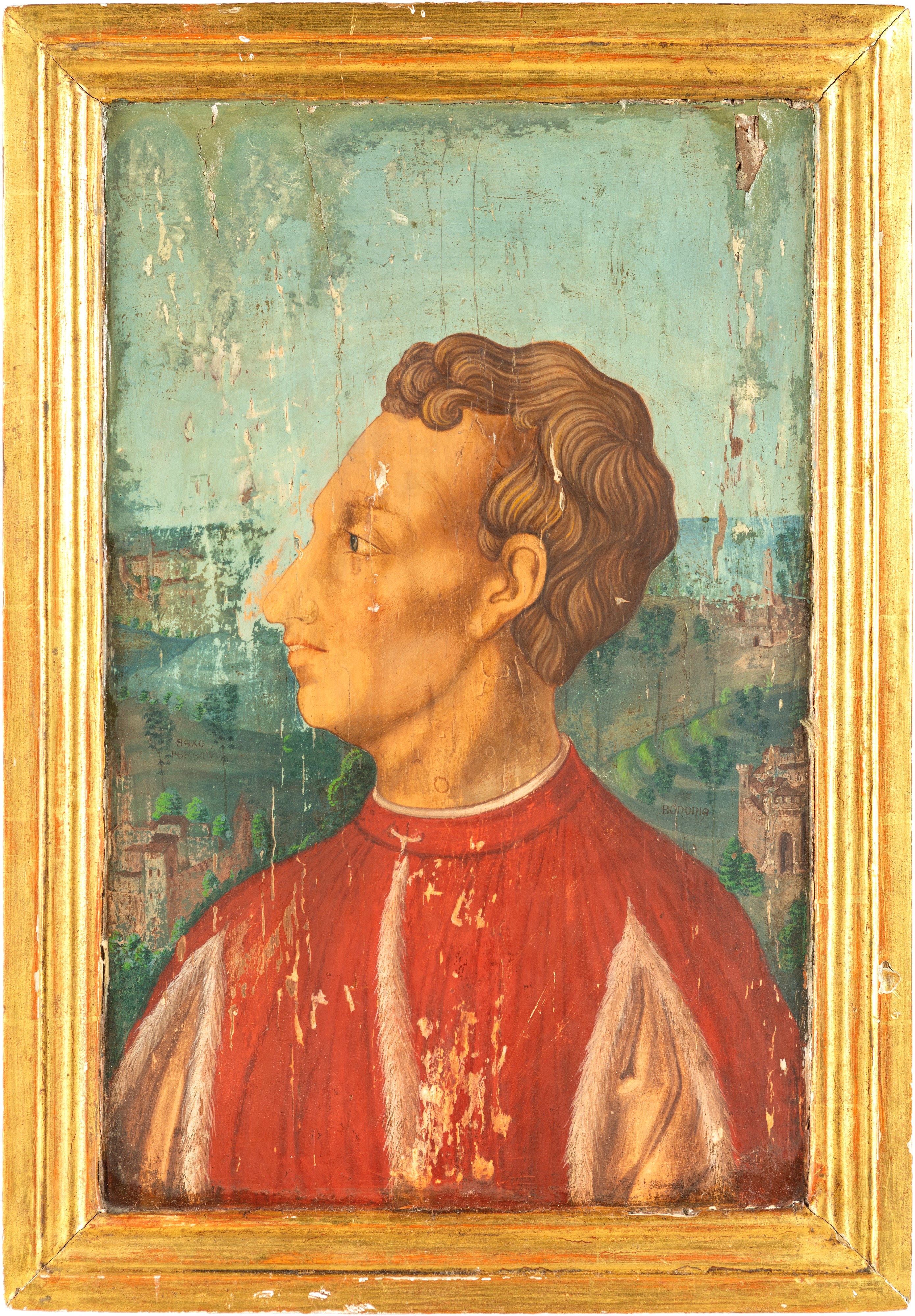 Pittore Bolognese XVI Secolo - Ritratto di personaggio illustre, tempera su tavola