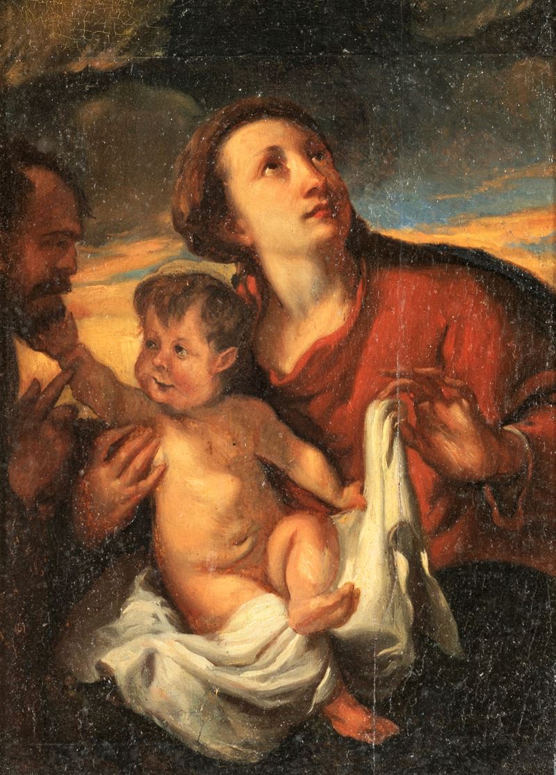 Pittore Romano del XVII Secolo - Madonna col Bambino e San Giuseppe, olio su tavola