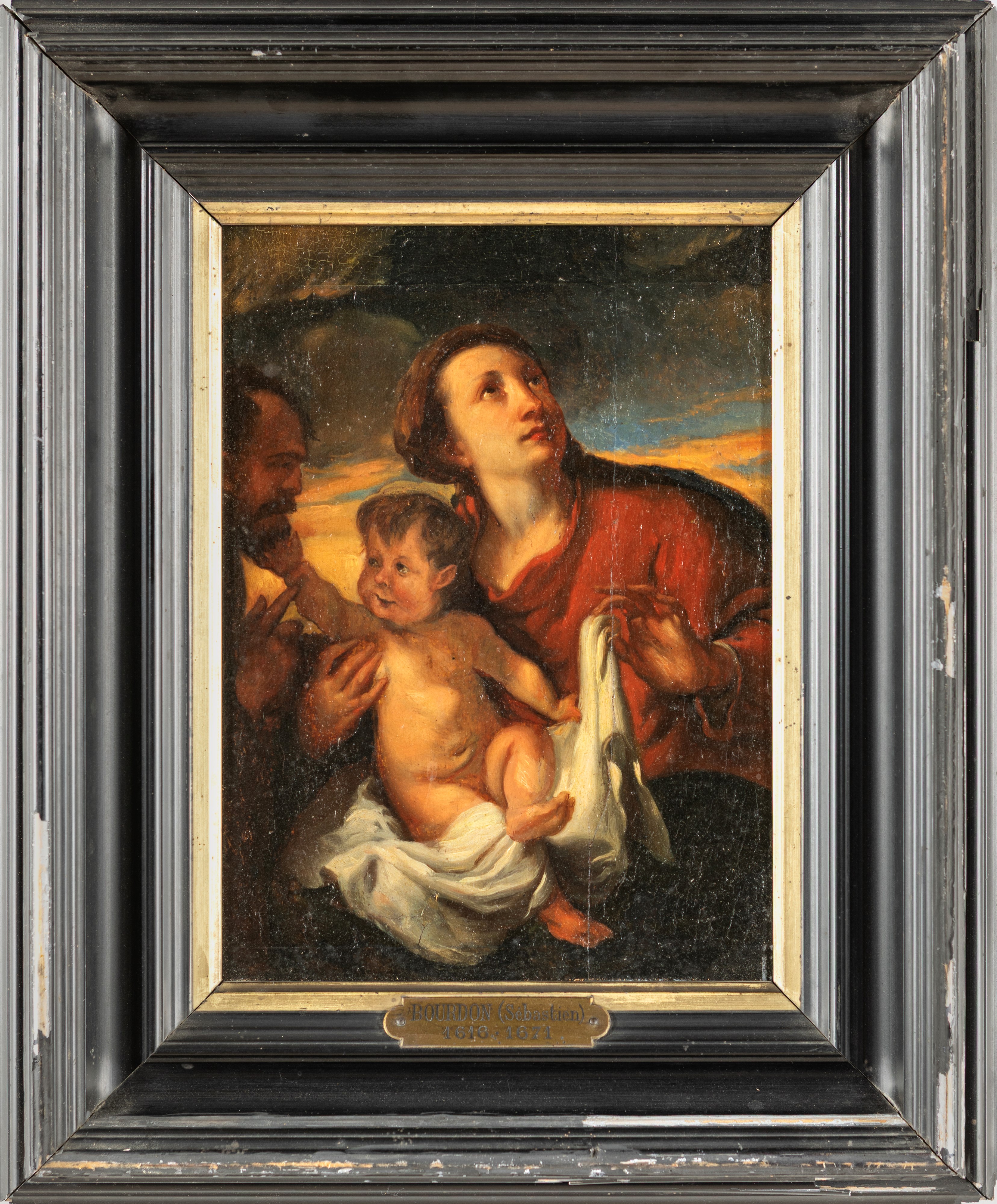 Pittore Romano del XVII Secolo - Madonna col Bambino e San Giuseppe, olio su tavola