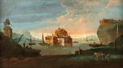 Paesaggio fluviale con capriccio architettonico e figure, olio su tela