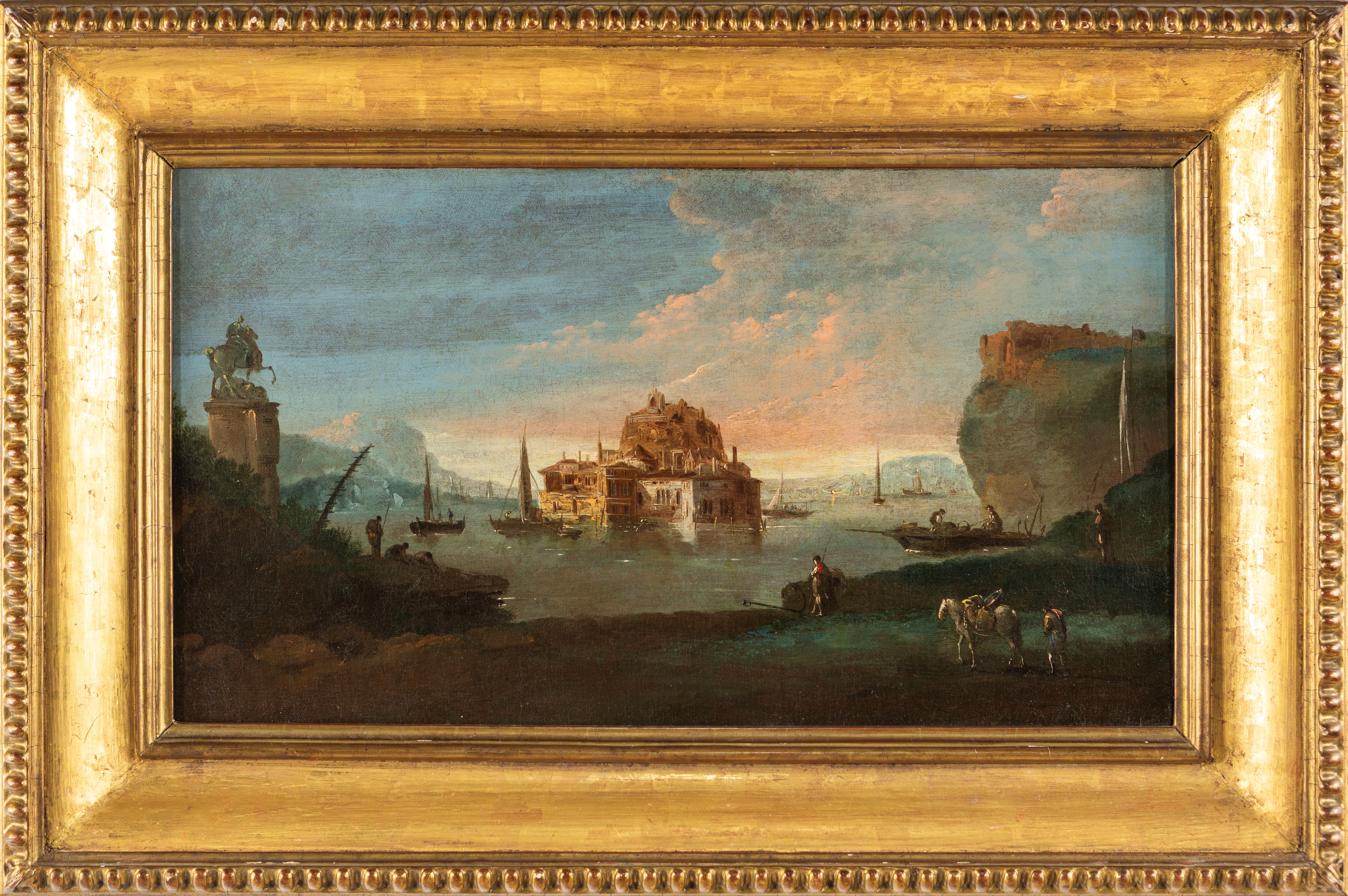 Paesaggio fluviale con capriccio architettonico e figure, olio su tela