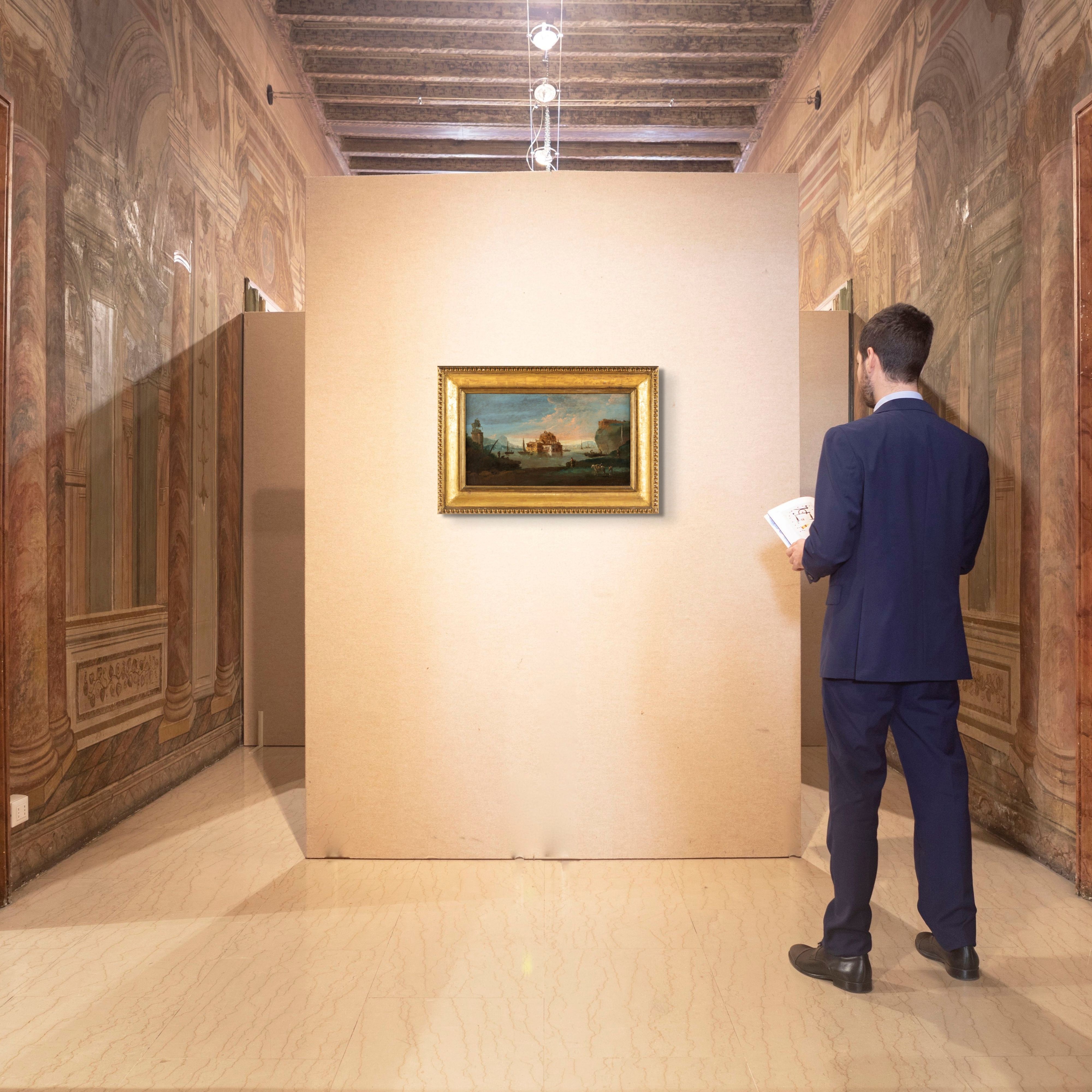 Paesaggio fluviale con capriccio architettonico e figure, olio su tela
