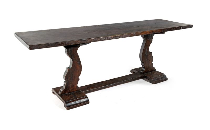 Tavolo fratino del XVII secolo, legno di abete e noce