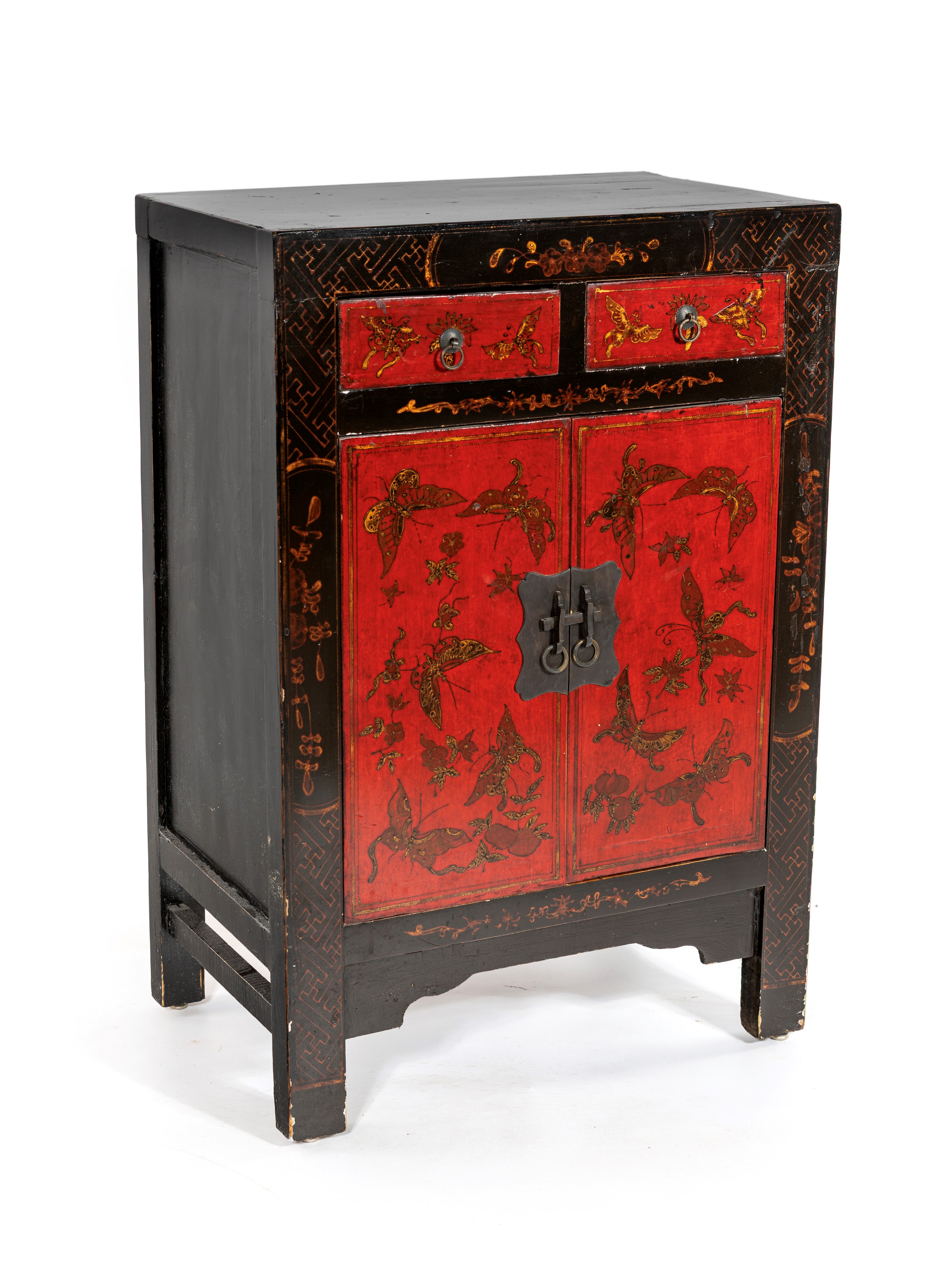 Mobiletto in legno laccato rosso e nero con farfalle, Cina, XX secolo
