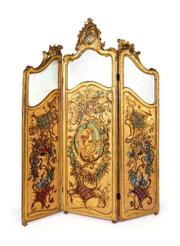 Paravento in legno dorato a tre ante con specchi e cuoio dipinto, fine XIX secolo