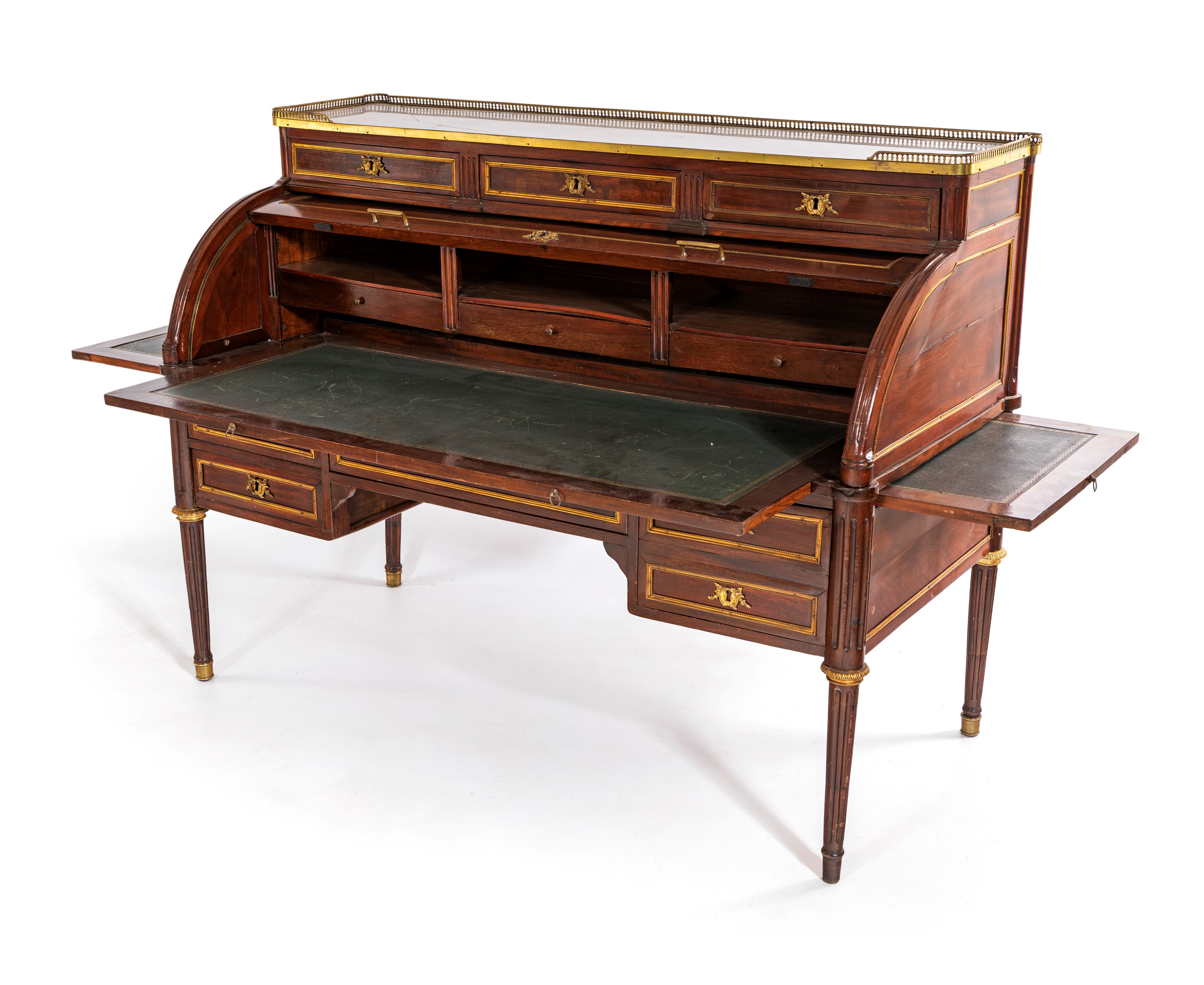 Bureau cylindre da centro d'epoca Luigi XVI con finiture in metallo dorato