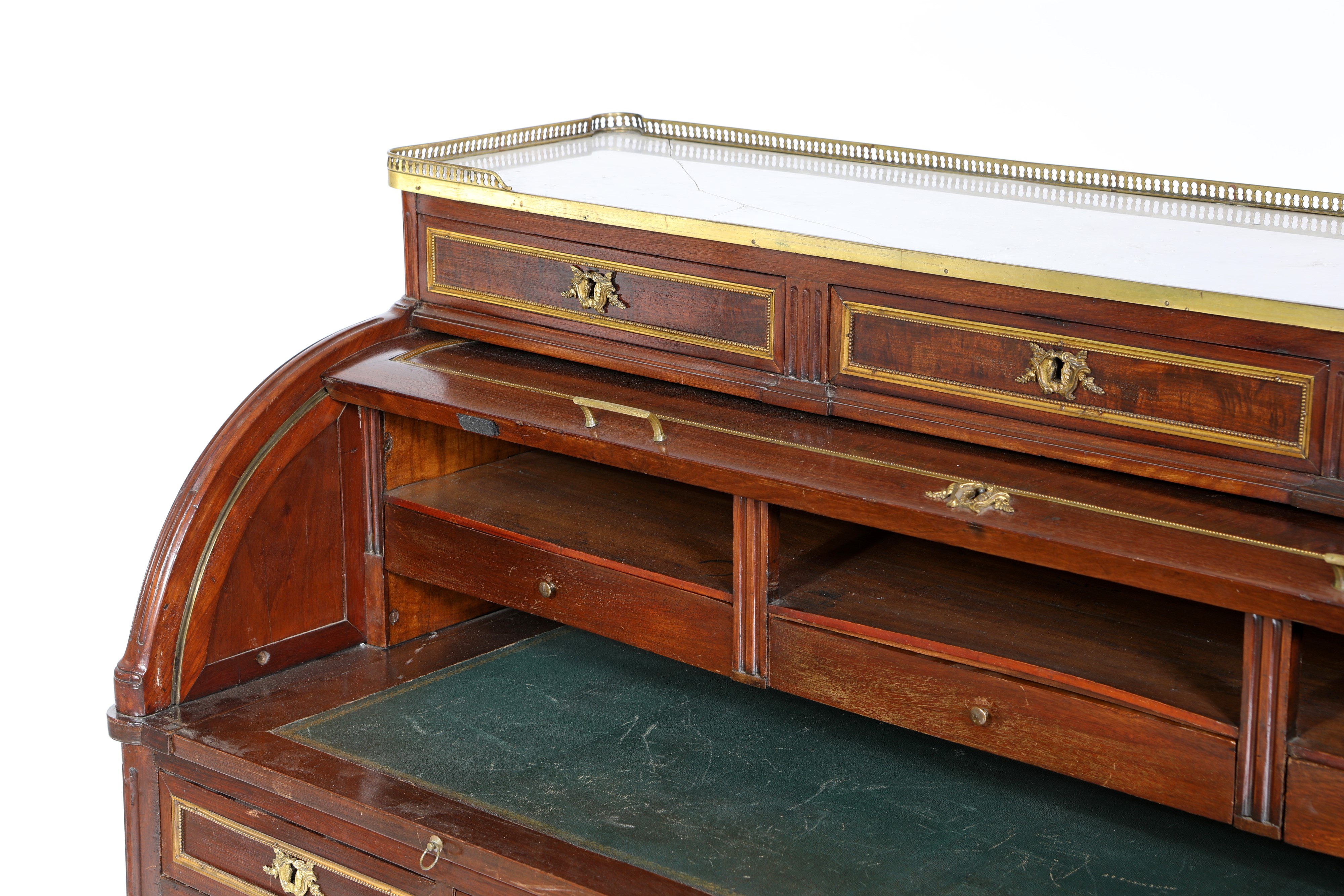 Bureau cylindre da centro d'epoca Luigi XVI con finiture in metallo dorato