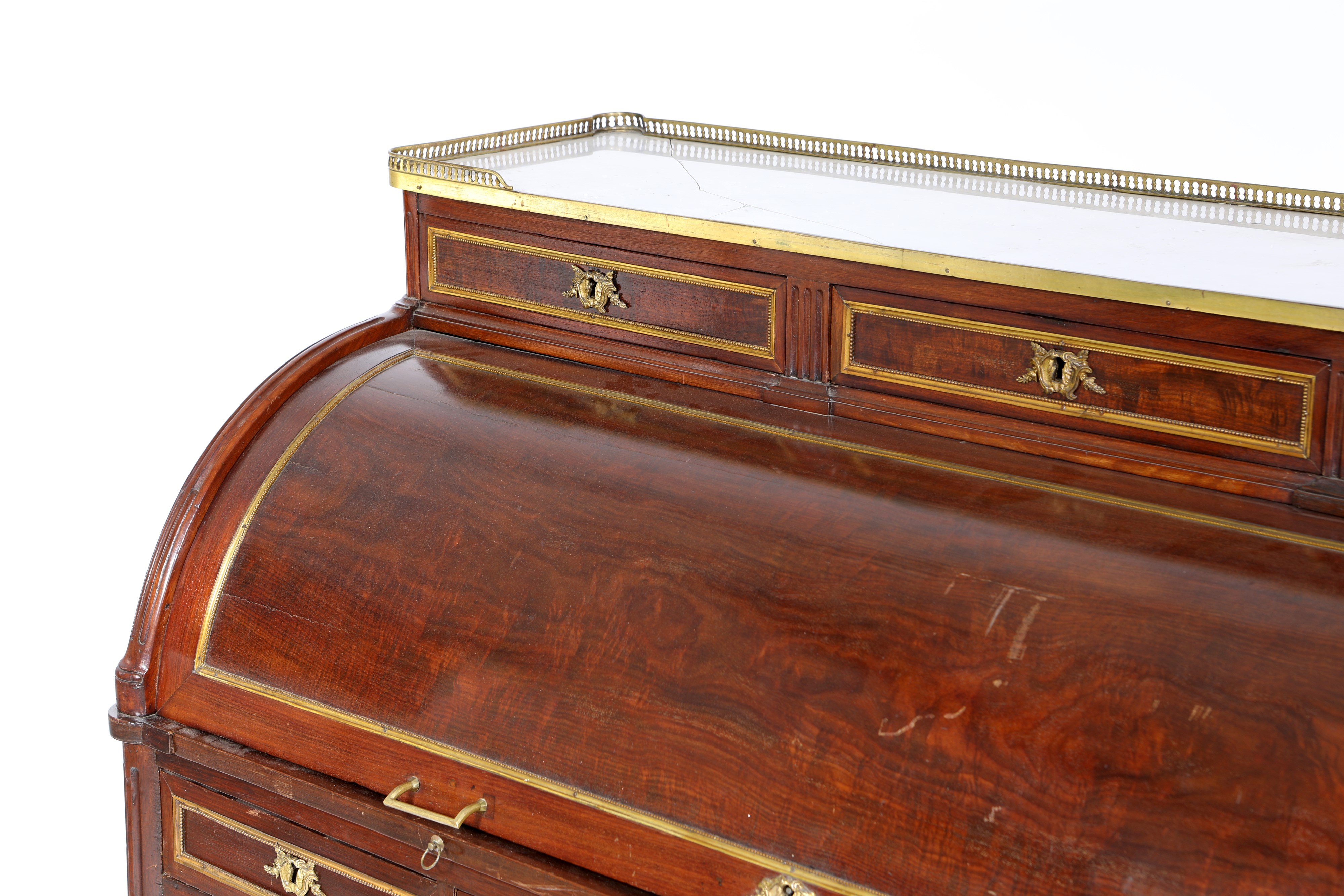 Bureau cylindre da centro d'epoca Luigi XVI con finiture in metallo dorato