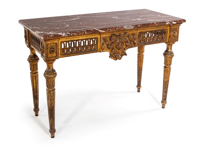 Console Luigi XVI in legno dorato con piano rettangolare in marmo rosso, fine XVIII secolo