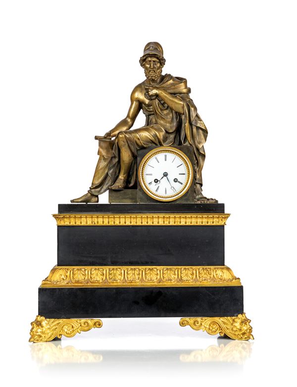 Grande pendola da camino Napoleone III in bronzo brunito e dorato