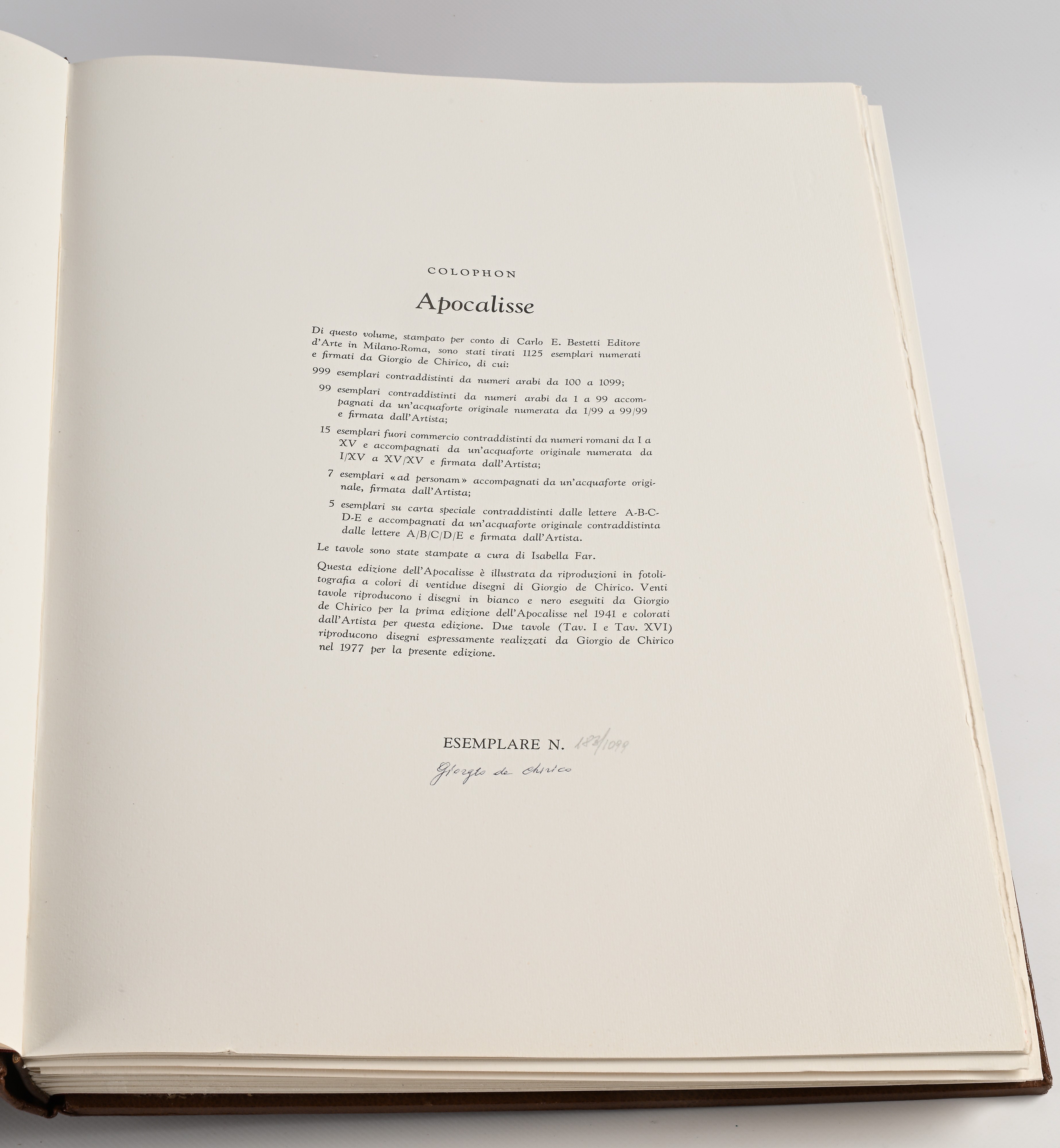 Apocalisse illustrata da Giorgio De Chirico. Uno dei 999 esemplari della tiratura limitata, in nu...