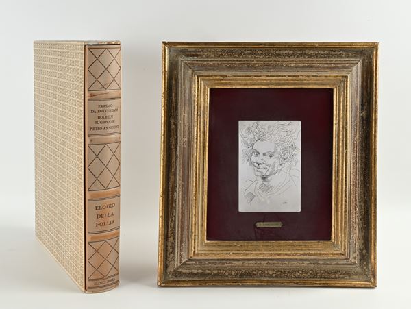 Erasmo da Rotterdam Elogio della follia. Illustrato con 31 tavole a colori di Pietro Annigoni. Esemplare completo della lastra in argento 925/000 e della litografia su pergamena firmate dal Maestro; edizione limitata a 2.565 esemplari numerati, ns. n.642