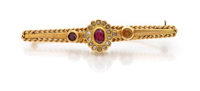 Spilla in oro giallo 750/000 con pietre rosse e diamanti