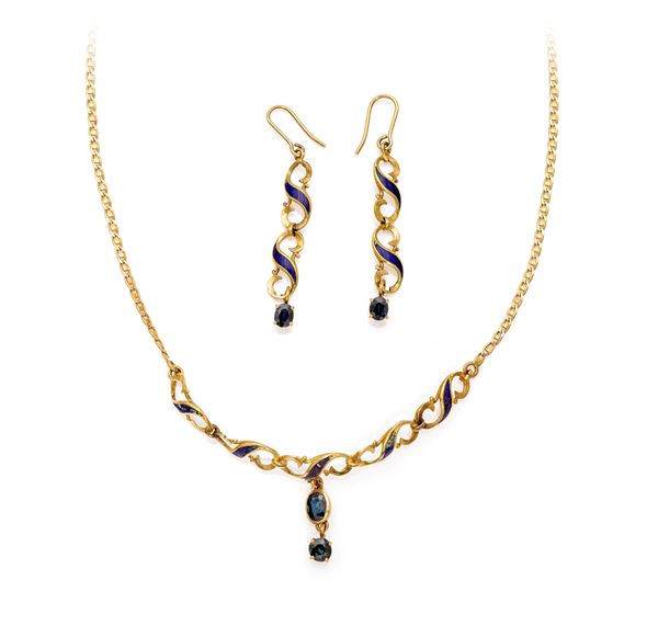 Parure girocollo e coppia di orecchini in oro, smalto e zaffiri