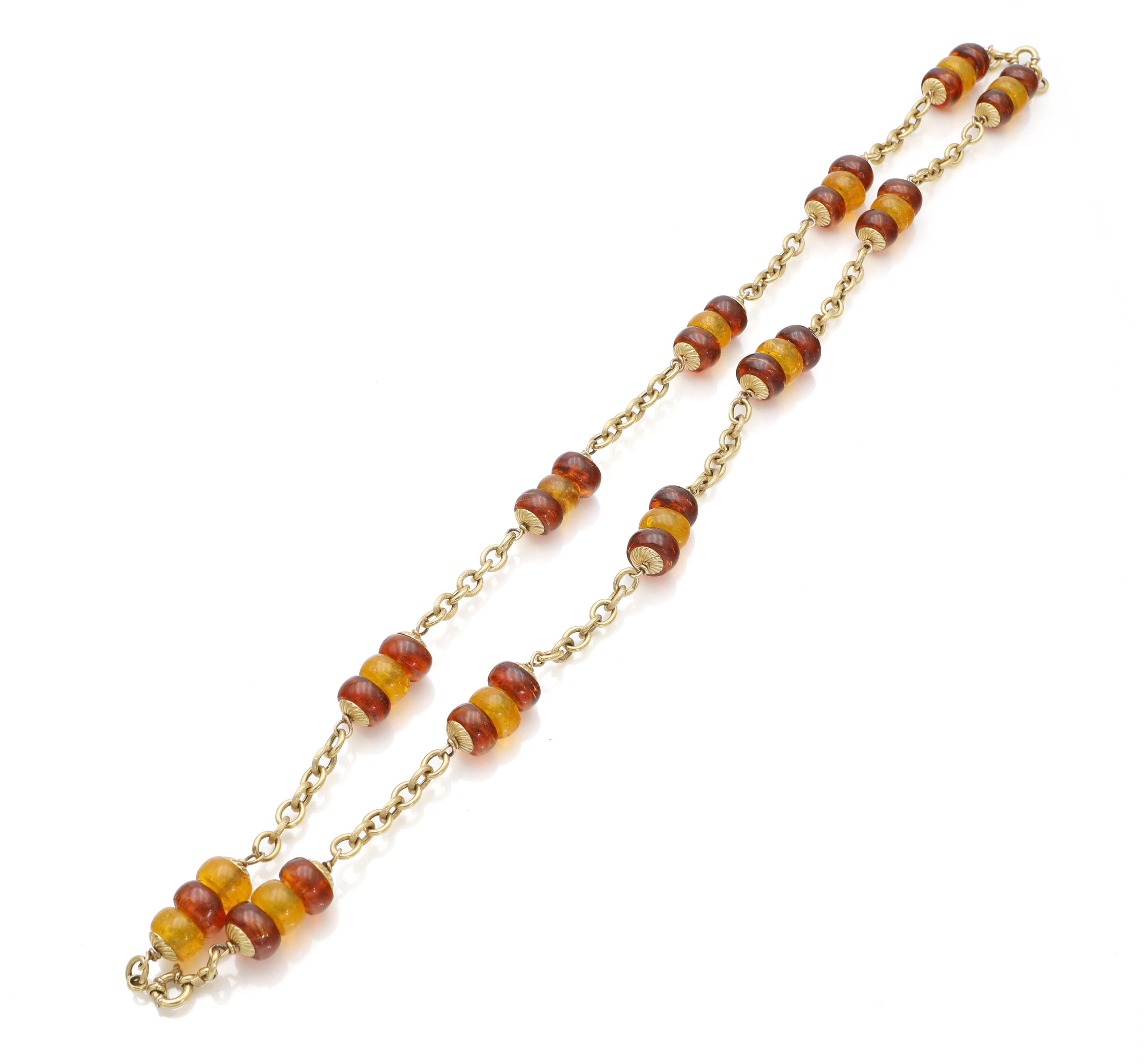 Lunga collana a laccio in oro e ambra policroma