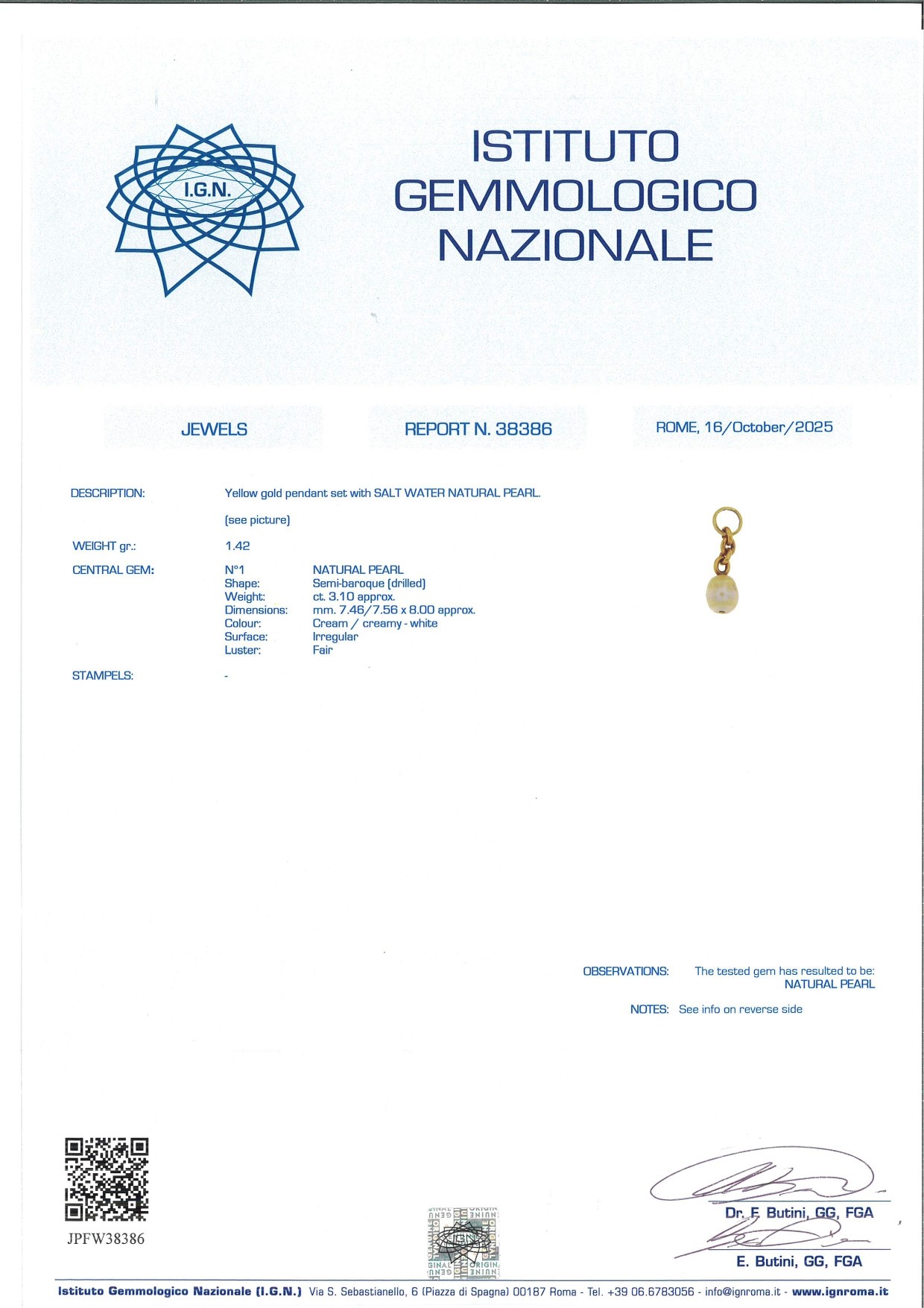 Pendente in oro e perla naturale