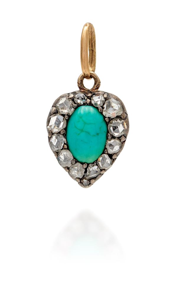 Pendente a cuore in oro, diamanti e turchese