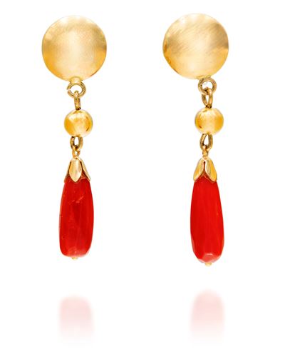 Orecchini pendenti in oro giallo 750 con corallo, lunghezza cm 4