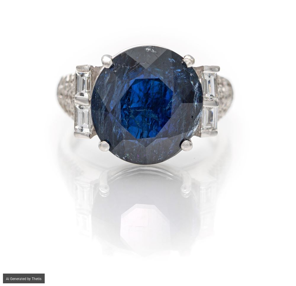 Anello in oro bianco 750 con zaffiro birmano ct. 9,76 e diamanti ct. 1,10