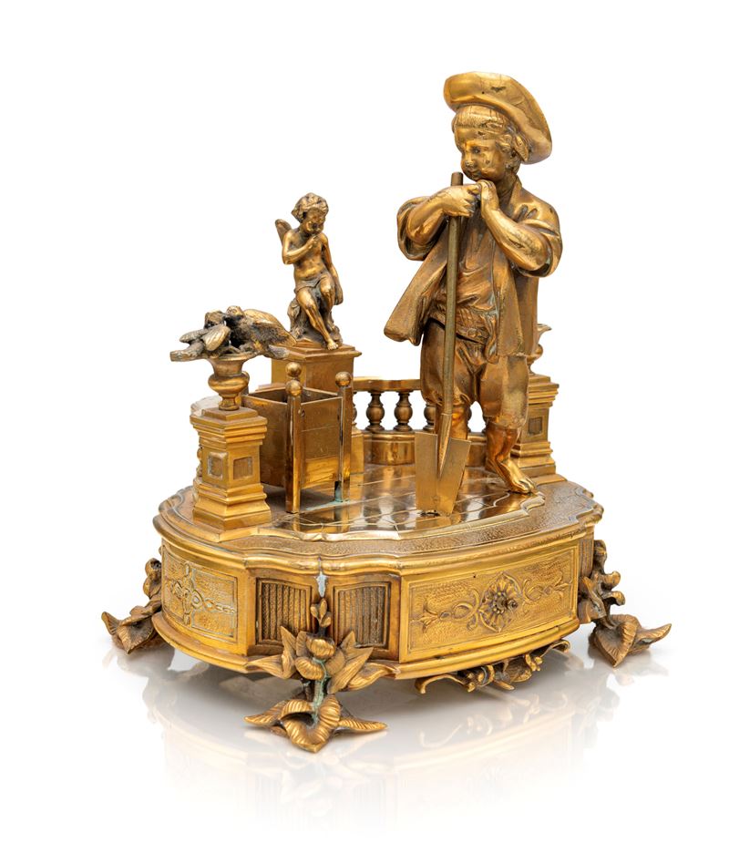 Piccolo calamaio figurato in bronzo dorato, Francia, XIX secolo