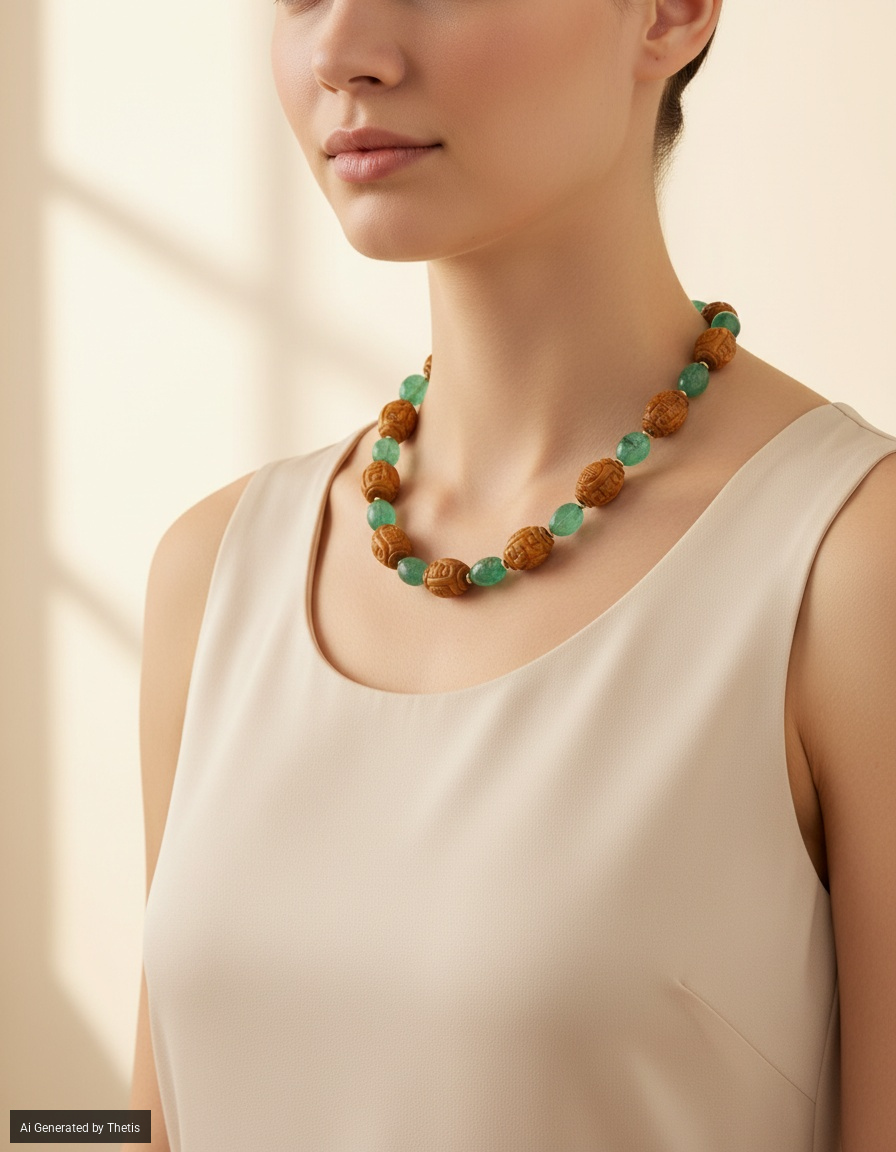 Collana in oro giallo 750/000 con smeraldi e pietre dure incise