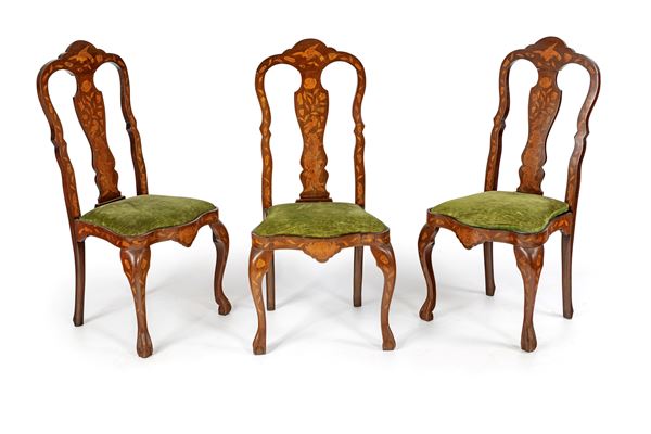 Tre sedie in legno intarsiato, Olanda, XVIII secolo