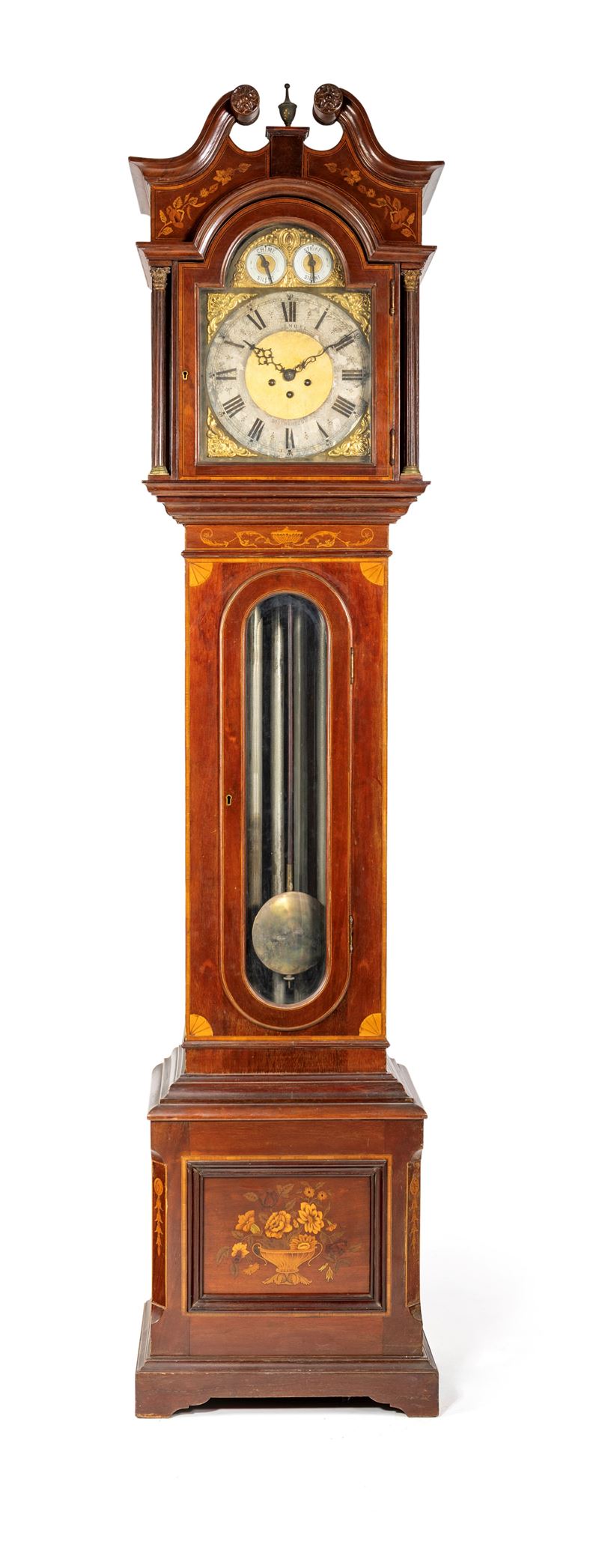 Orologio a torre in legno intarsiato, XIX secolo, cm 230x53x34