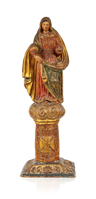 Scultura in legno policromo e dorato raffigurante la Vergine Maria, XVII secolo, 80x28x24 cm