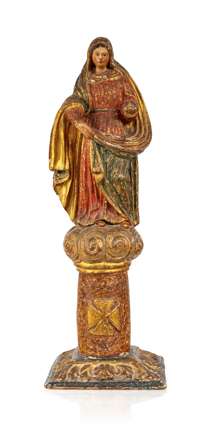 Scultura in legno policromo e dorato raffigurante la Vergine Maria, XVII secolo, 80x28x24 cm