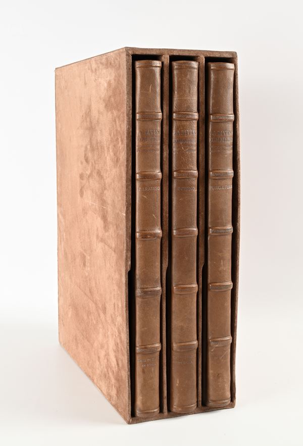 La Divina Commedia nelle incisioni degli Artisti contemporanei. Esemplare a tiratura limitata a 990 copie ns. n.278  Con incisioni di Emilio Greco, Lino Bianchi Barriviera, Renzo Vespignani, Luciano Minguzzi, Pietro Annigoni, Tono Zancanaro, Franco Mulas. Medaglioni in bronzo di Giacomo Manzù. Introduzione di Giorgio Petrocchi