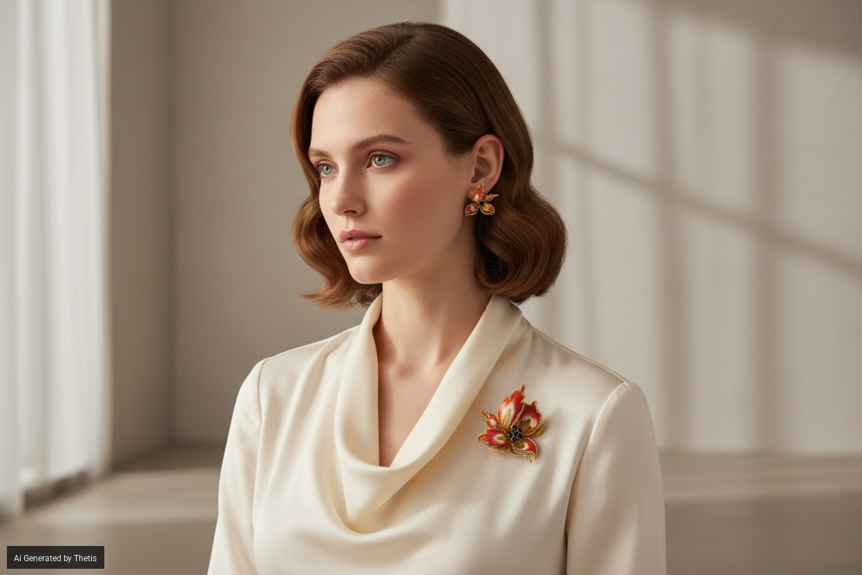 Parure di spilla e orecchini in oro, smalti e zaffiri