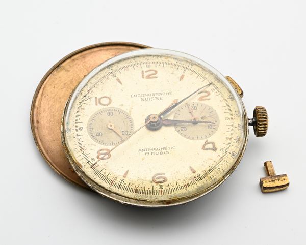 Landeron 50/51 - Meccanica e quadrante con corona di carica e 2 tasti di Cronografo meccanico manuale da polso degli anni '50