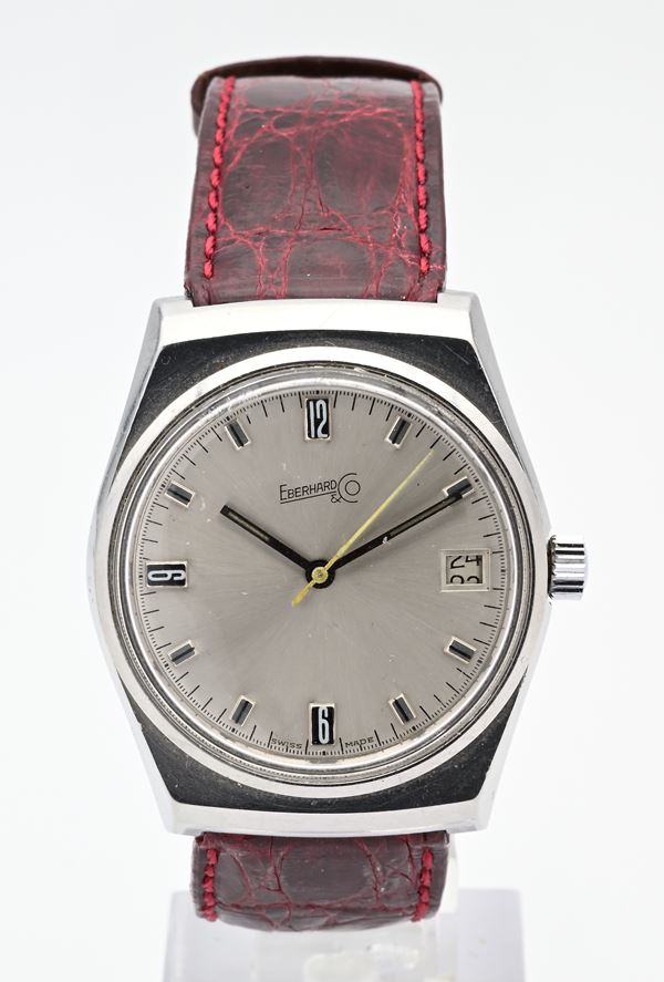 Eberhard Ref. 1605-51 - Orologio da polso da uomo a carica manuale con datario in acciaio, con logo pubblicitario inciso sul fondello