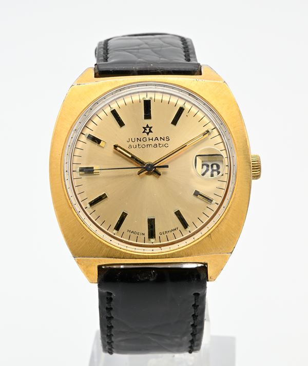 Junghans Cal 625 - Orologio da polso automatico da uomo con datario in metallo placcato oro con fondello in acciaio. Fondello a vite