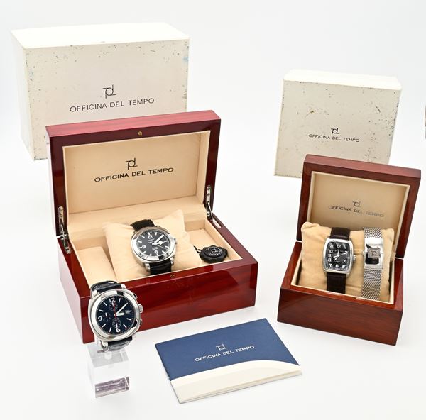 3 orologi da polso da uomo Officine del Tempo: Lumatic - automatico con datario in acciaio; Lumatic - cronografo con datario al quarzo in acciaio. Con cinturino e deployant originali; Automatic 316L Orologio da polso automatico da uomo in acciaio con fondello scheletrato. Cinturino in pelle con deployant e bracciale in acciaio originali