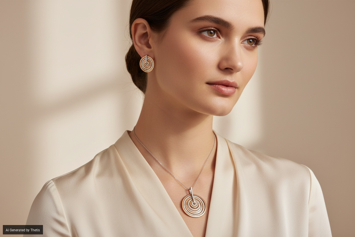 Parure di pendente e coppia di orecchini a cerchi concentrici in oro e brillanti