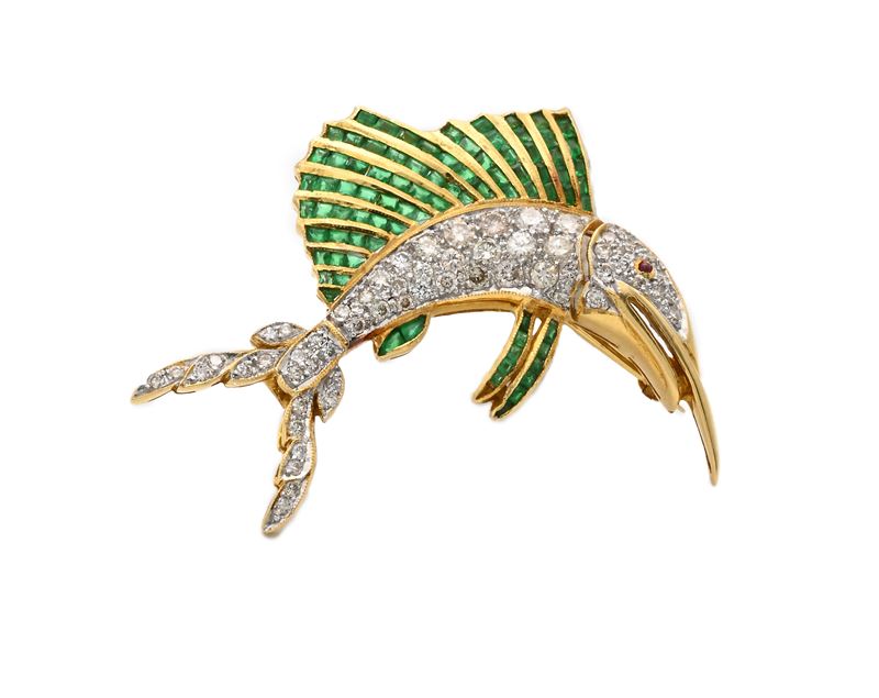 Spilla Blue Marlin in oro, brillanti e smeraldi