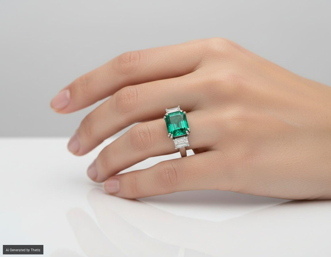 Anello con smeraldo colombiano in taglio smeraldo e baguettes.
