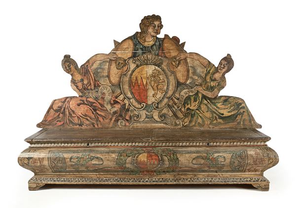 Grande panca da ingresso in legno dipinto, XVIII/XIX secolo