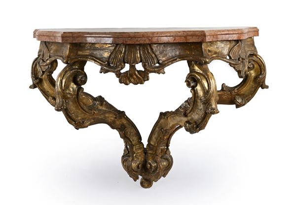 Console a goccia in legno dorato, XVIII secolo