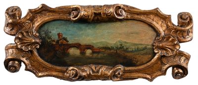 Sovrapporta con paesaggio fluviale, rovine e ponte, olio su tavola