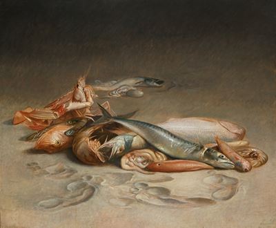 Natura morta con pesci, olio su tela