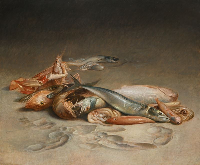 Riccardo Tommasi Ferroni - Natura morta con pesci, olio su tela
