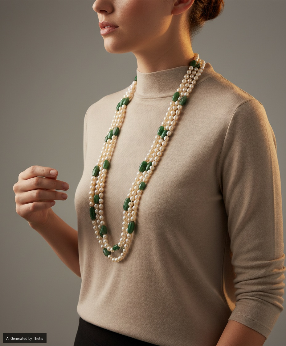 Collana in perle e agata verde, lunghezza 200 cm